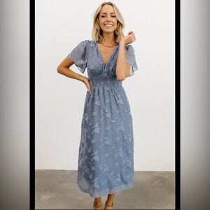 Baltic Born June smocked dress blue floral burnout chiffon flutter sleeve XL I47